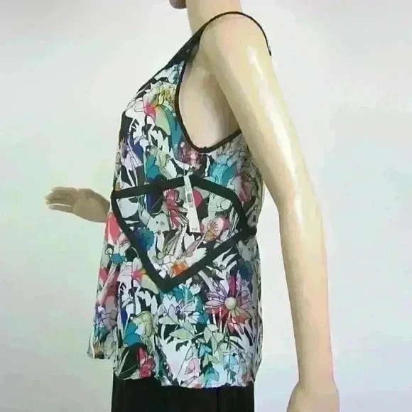 Sleeveless Top Medium Blouse Black Lace Neck & Multicolor Floral Print Flowy NEW - Picture 11 of 16